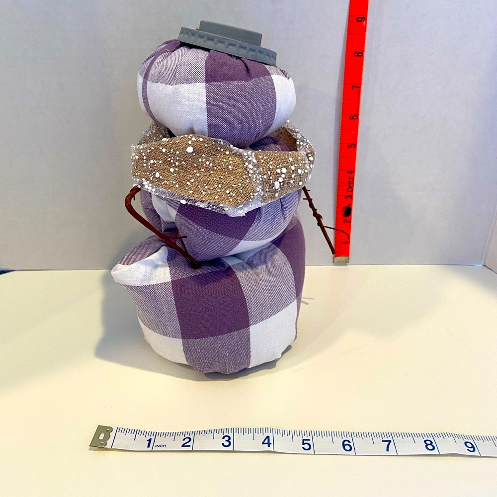 Snowman Plaid Fabric Stuffed Light Purple White - Picture 2 of 5